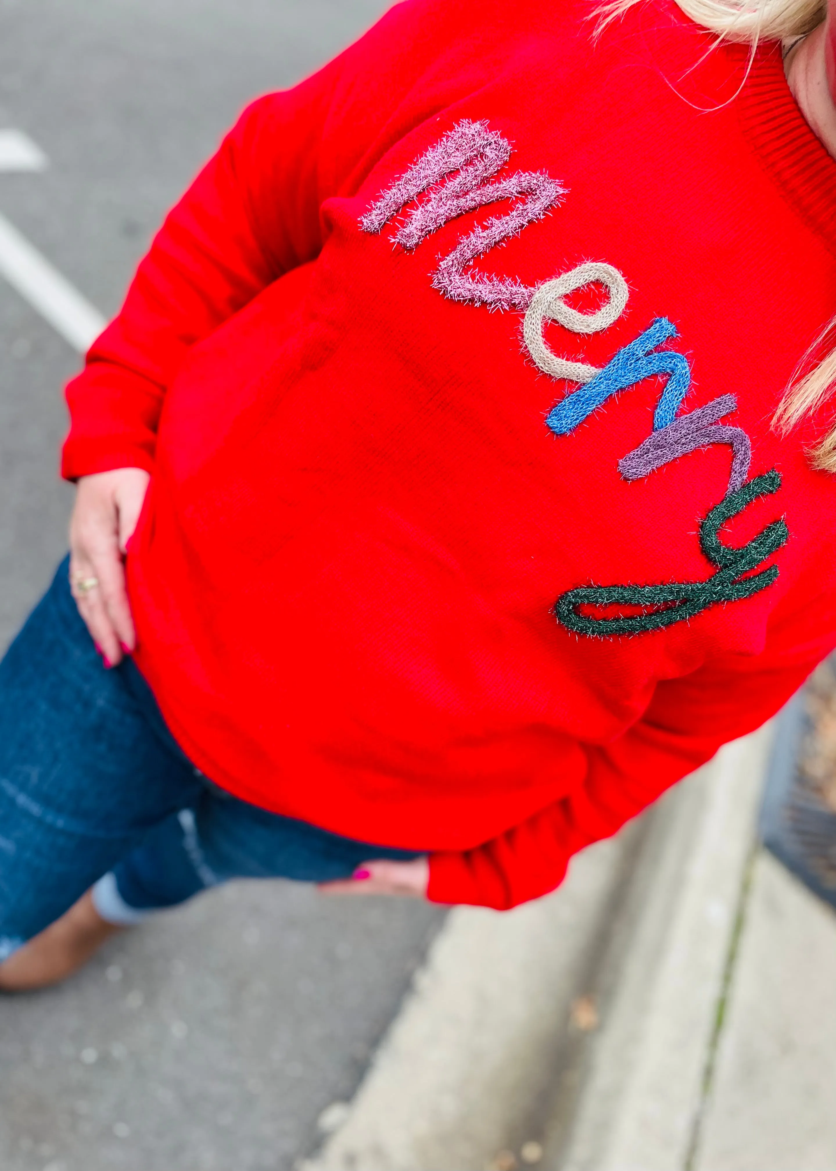 Red - MERRY Round Neck Long Sleeve Sweater
