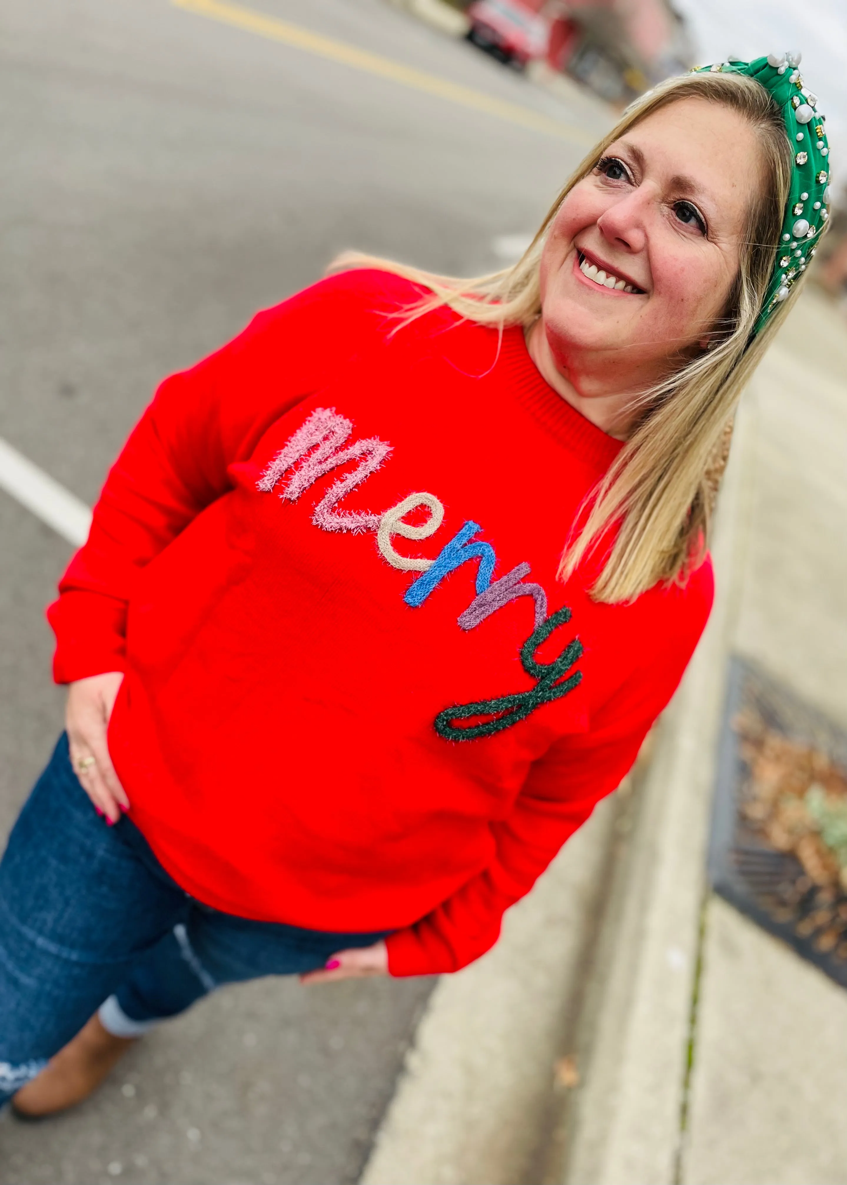 Red - MERRY Round Neck Long Sleeve Sweater