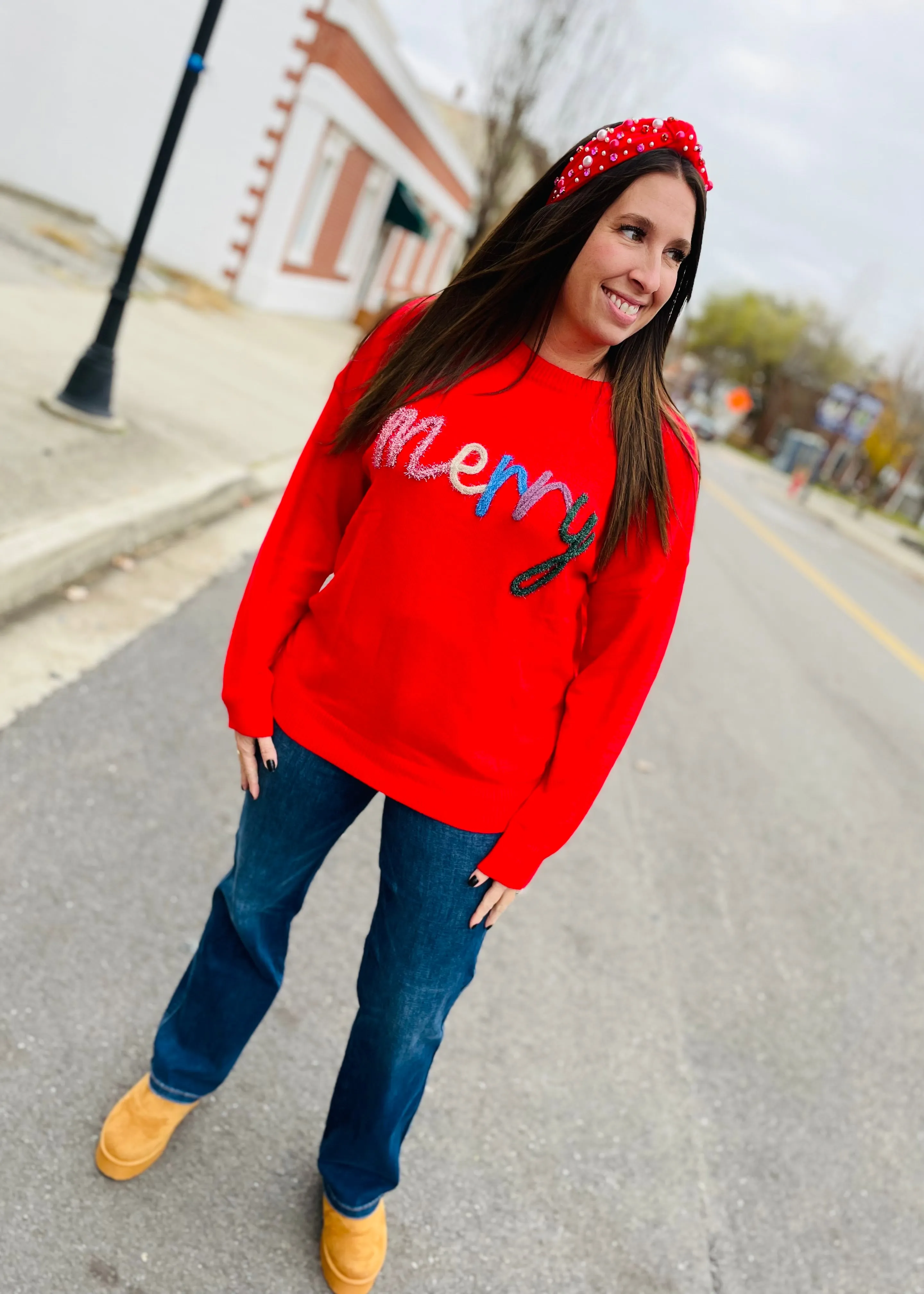 Red - MERRY Round Neck Long Sleeve Sweater