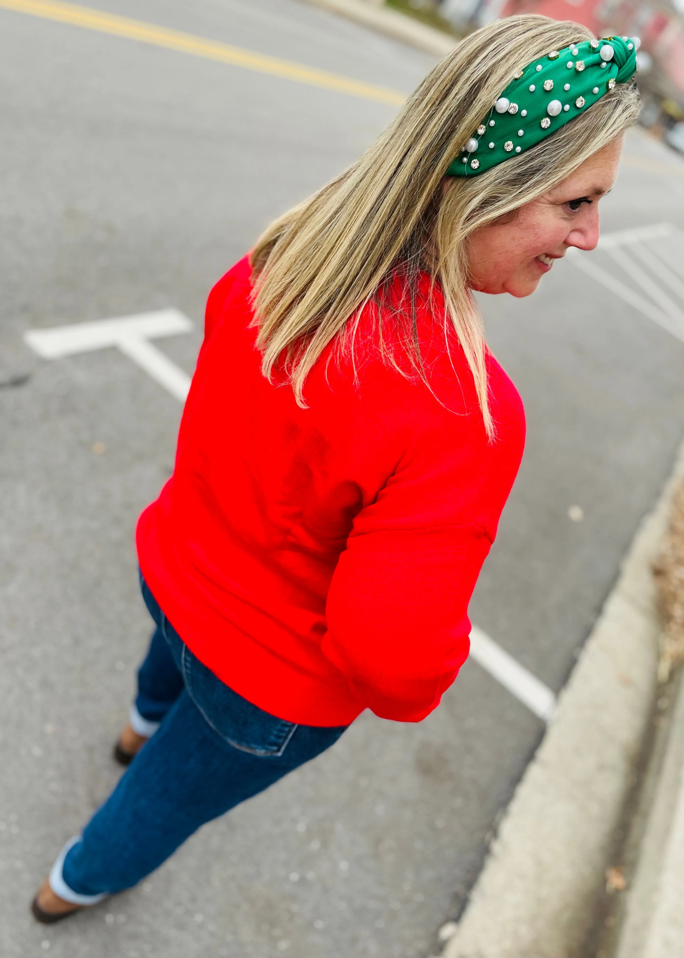 Red - MERRY Round Neck Long Sleeve Sweater