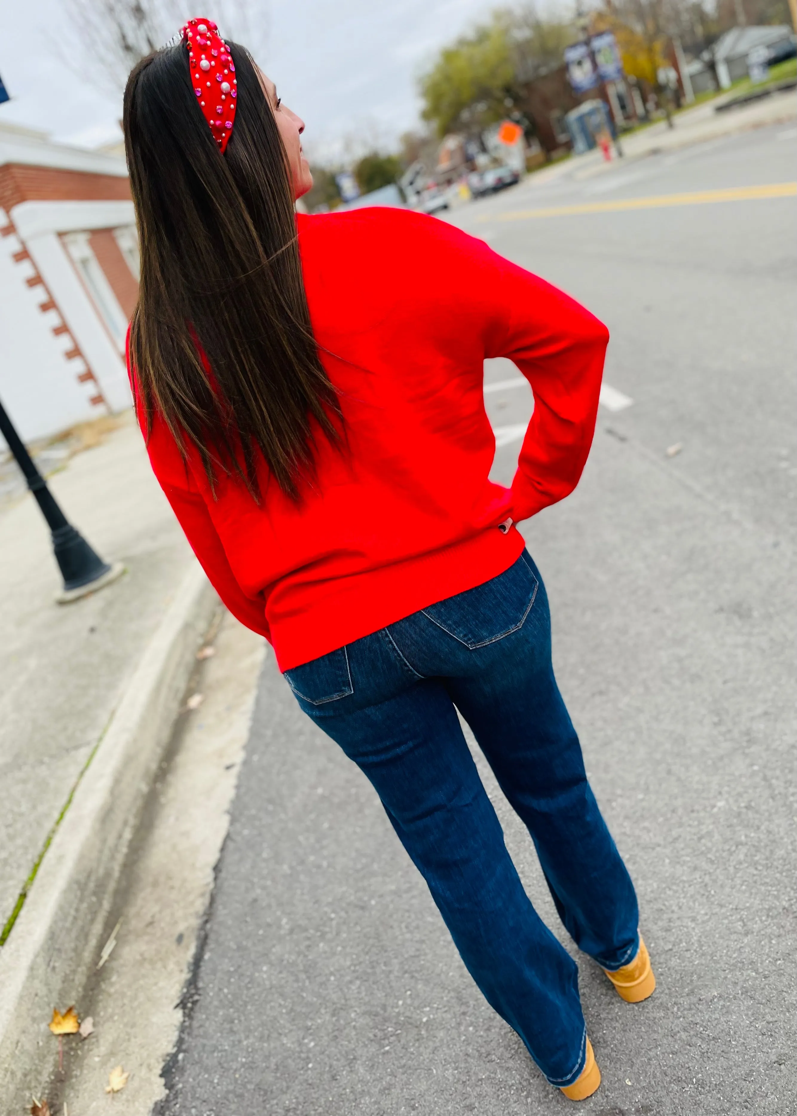 Red - MERRY Round Neck Long Sleeve Sweater