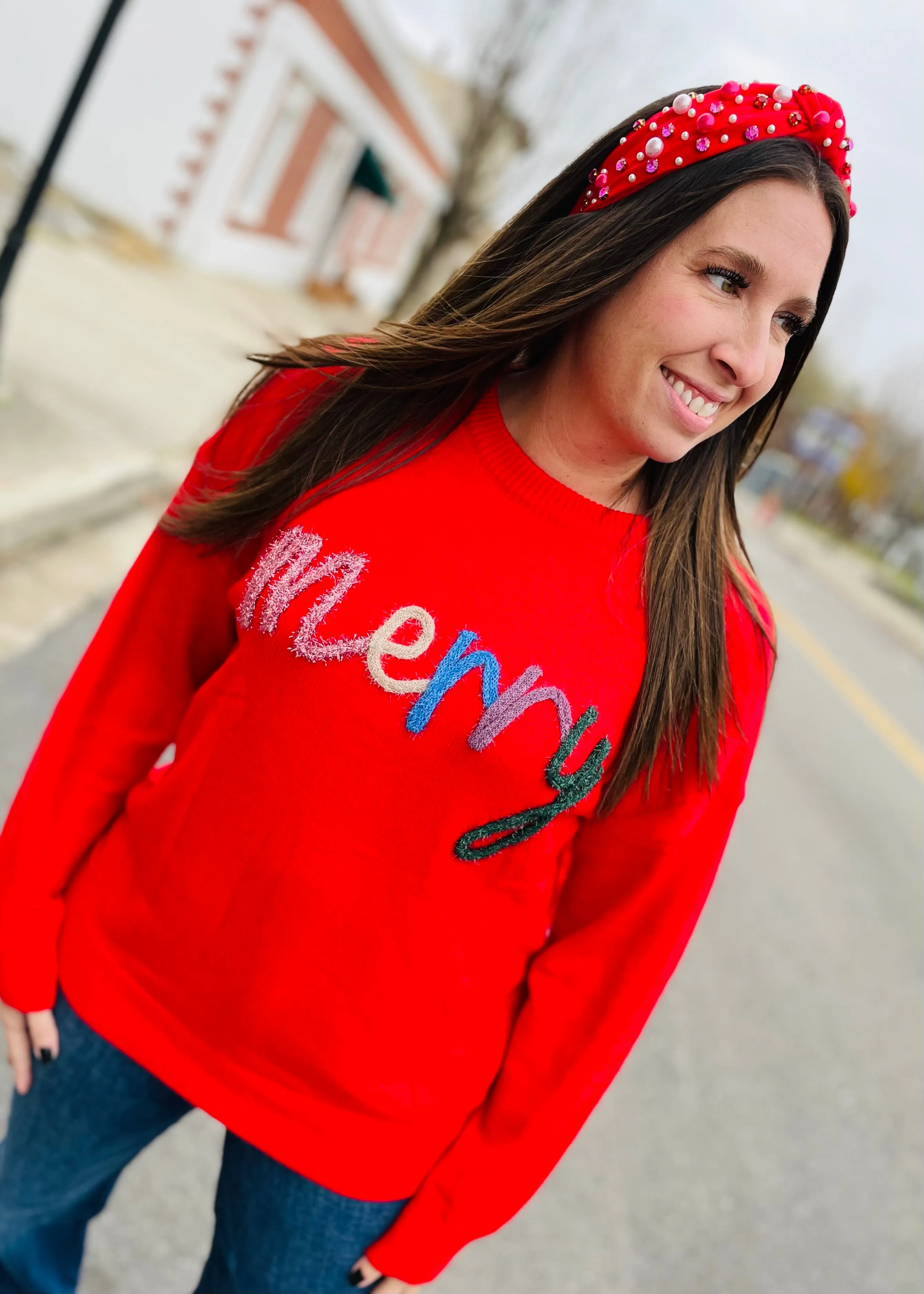 Red - MERRY Round Neck Long Sleeve Sweater