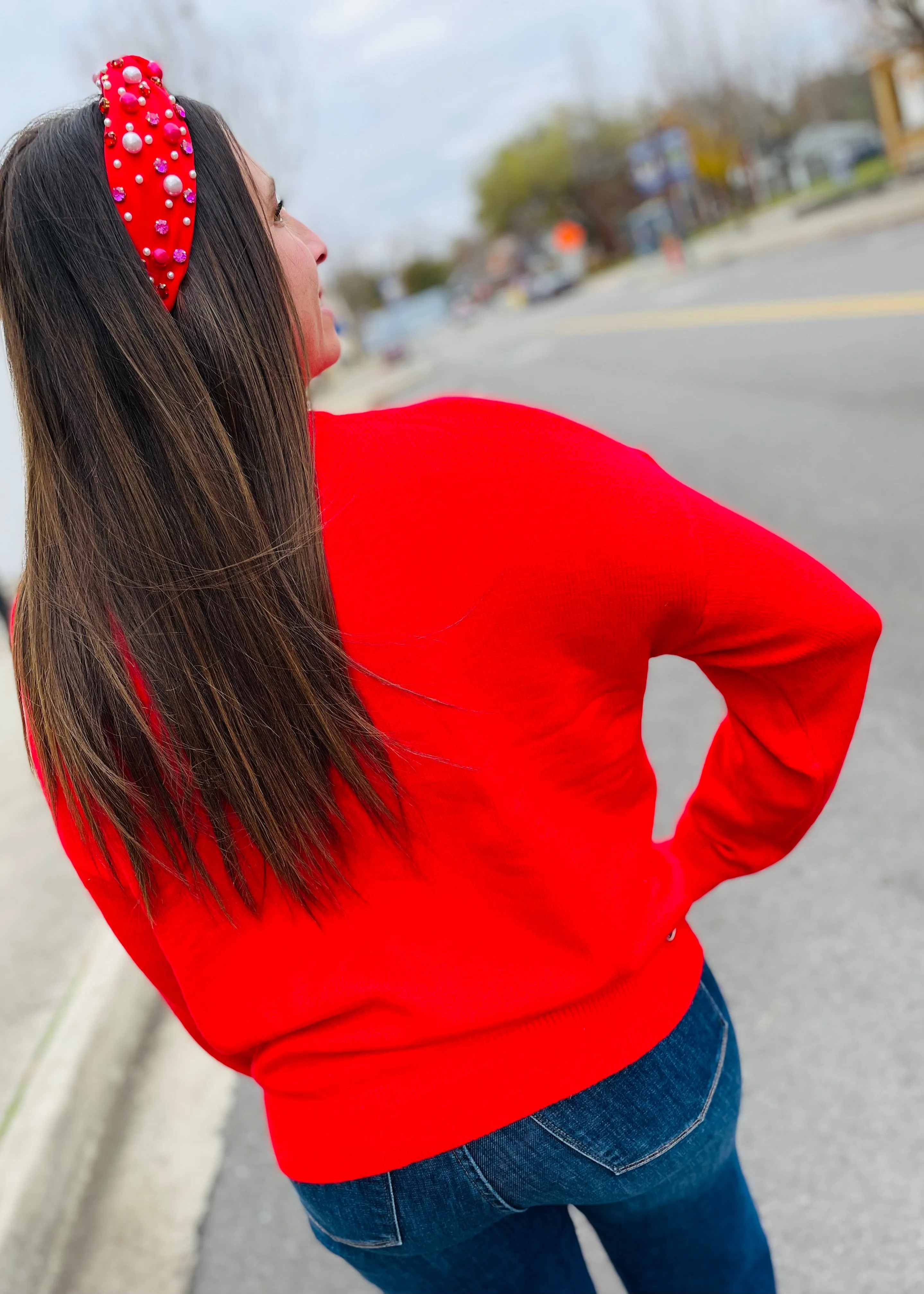 Red - MERRY Round Neck Long Sleeve Sweater