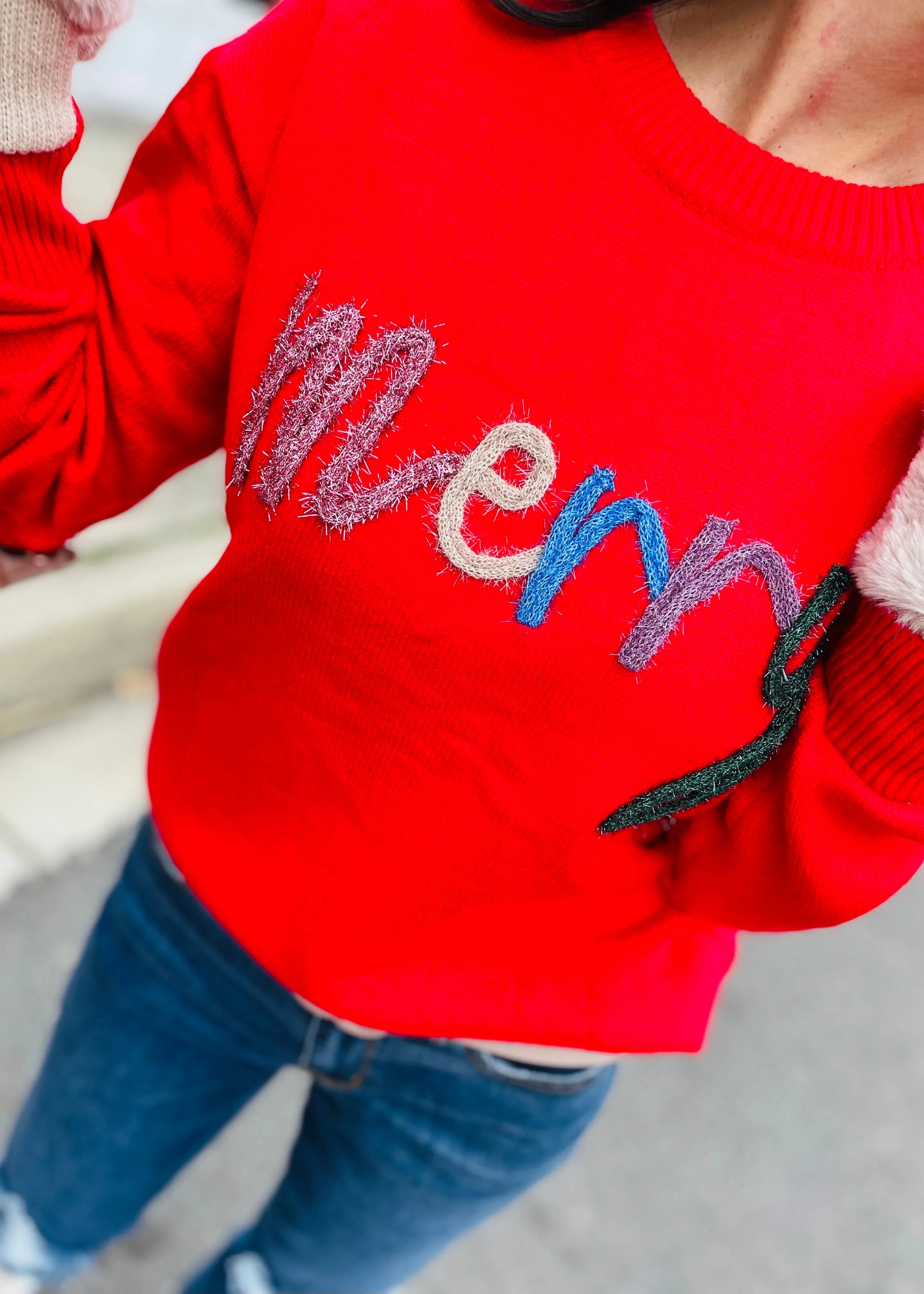 Red - MERRY Round Neck Long Sleeve Sweater