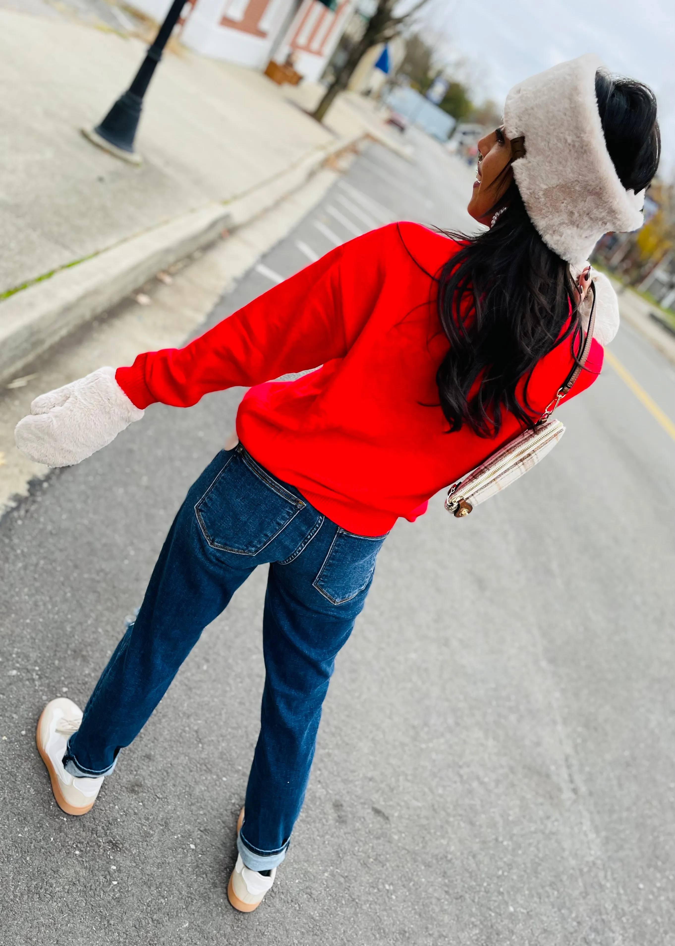 Red - MERRY Round Neck Long Sleeve Sweater