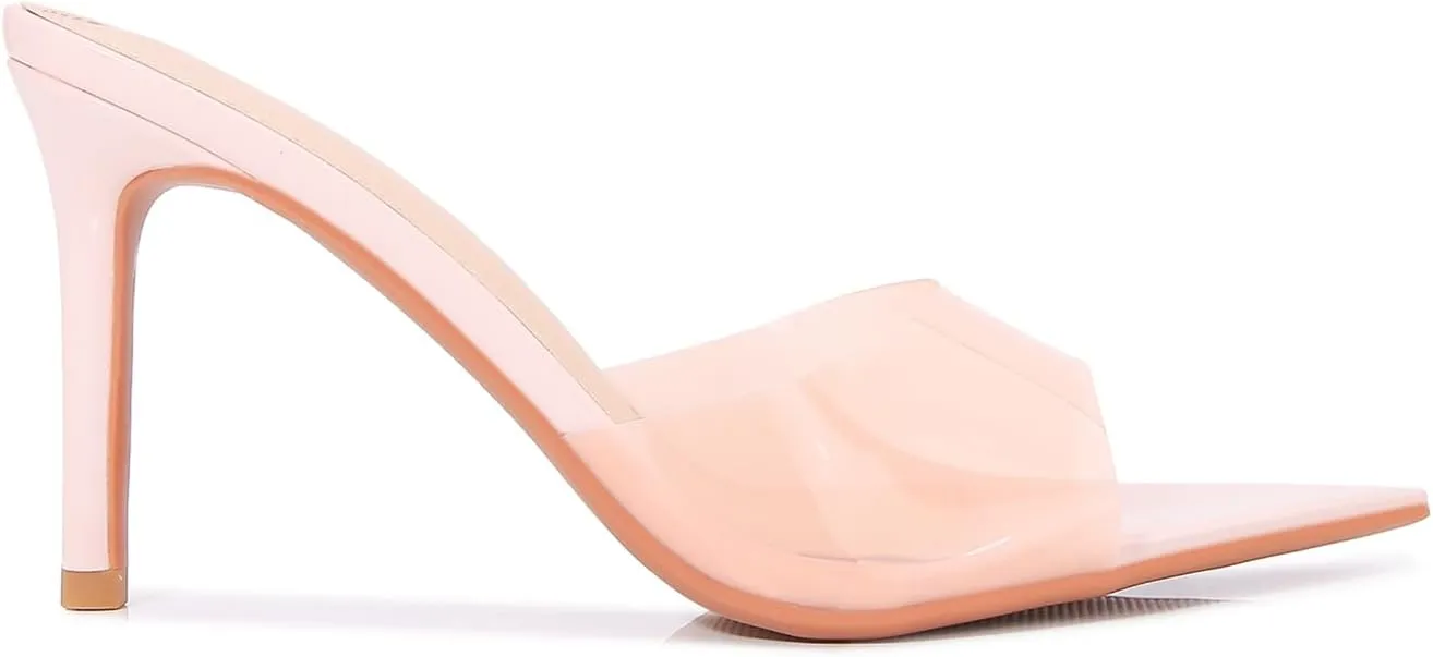 Women's Clear Pointed Open Toe Stiletto Heel Slide Sandals Fashion Sexy Slip On Transparent Strap High Heels Mules Summer Backless Party Wedding Prom Dress Shoes