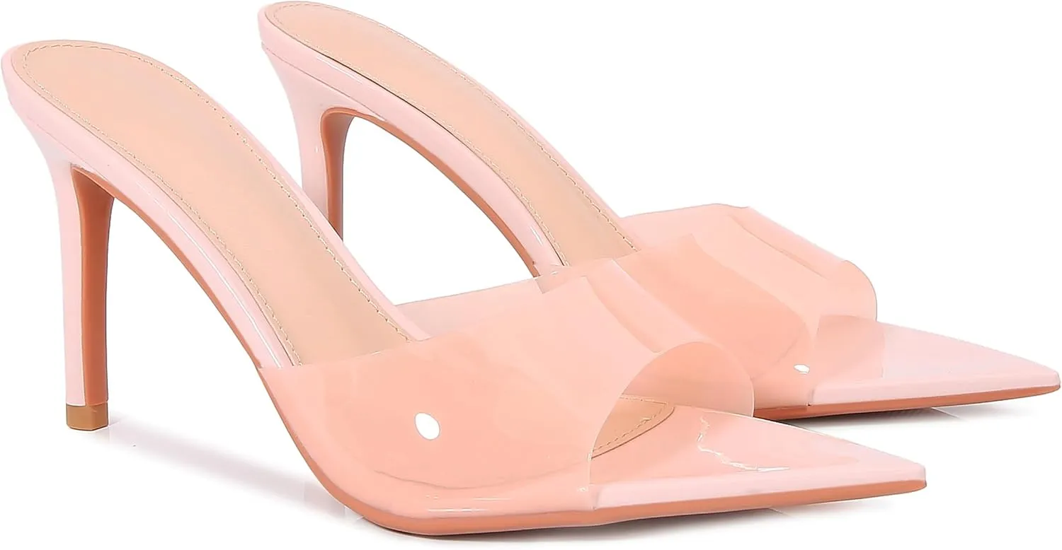 Women's Clear Pointed Open Toe Stiletto Heel Slide Sandals Fashion Sexy Slip On Transparent Strap High Heels Mules Summer Backless Party Wedding Prom Dress Shoes